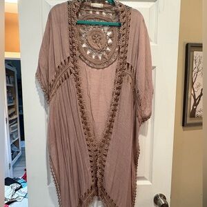 Boho Crochet Trim Kimono Cardigan - Mauve Taupe